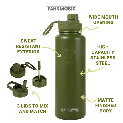 FAHRMOSIS 24oz Insulated Stainless Steel Water Bottle with Straw Includes 3 Lids, ARMY GREEN