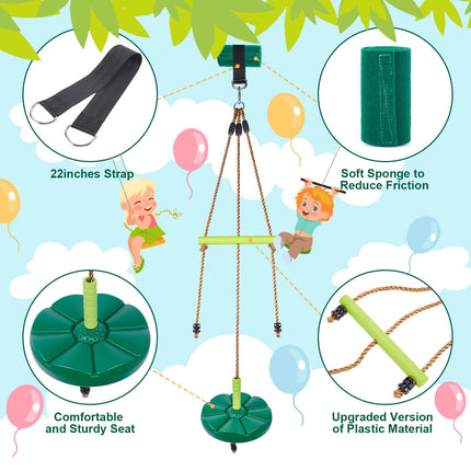 AGPTEK Disc Swing with Monkey Bars, Tree Swing Set Accessories Rope Disk Swing Seat with Carabiner and 22in Hanging Strap Heavy Duty Swingset for Zipline Outdoor Playground, Jungle & Gym Green