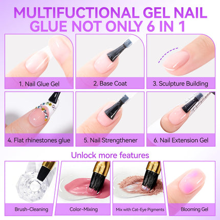 Gelike EC Nude Pink Nail Glue Gel - 6 in 1 Sheer Pastel Pink Nail Glue Polish for Clear Acrylic French Manicure,Long Lasting Adhesive UV Nail Glue for Clear Press On Nail Tips,Cure Needed