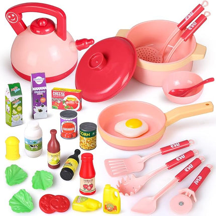 28 PCS Kids Kitchen Toy with Foods,Pretend Cooking Set for Children,Cookware Playset with Pots,Pans,Cooking Utensils and Food Accessories,Educational Gifts T50