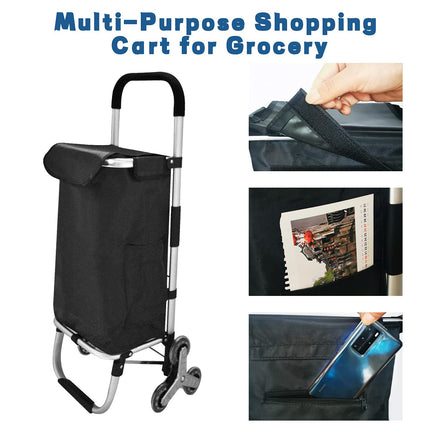 EALING Anti-Slip Bar Folding Shopping Trolley Utility Cart with 3+3-Wheels, Detachable Bags 2 Extra Pockets Adjustable Bungee Cord, Black/Silver