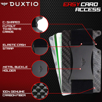 DUXTIO Men's Slim Minimalist Carbon Fiber Wallet for Credit Card Holder & Cash Strap, BLACK