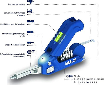 Kelvin Tools Kelvin 23 | The Palm-Sized Urban Ultra Multi-Tool Set | 23 Integrated Tools: 16 Bit Screwdriver Set, Tape Measure, Liquid Level, Hammer, and Flashlight (Pink)