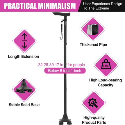 MOODIC Walking Canes for Seniors Balance with Extended and Thickened Handle. Foldable; Adjustable; Collapsible; Stylish; Quad Cane for Men for Stability (Basic & Black)