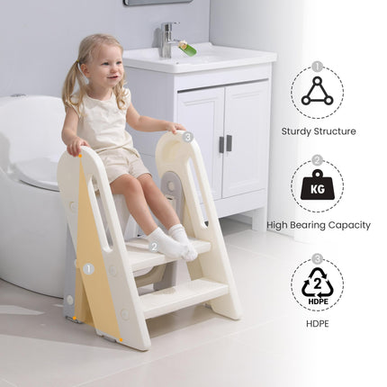 hoopyosms Toddler Step Stool for Bathroom Sink Kids Foldable Toilet Potty Training Stool Adjustable 3 to 2 Stool with Handrail Baby Kitchen Stool Helper Children Step Ladder with Non-Slip Pads