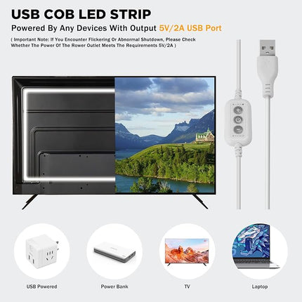 QIGE USB COB LED Strip Lights 4.92ft/1.5m,5V 480LEDs 1200lm Dimmable COB LED Light Strip 5000K Daylight White CRI90 USB TV Backlight,Flexible Under Cabinet Tape Light for Bedroom,Kitchen,Home DIY Lighting