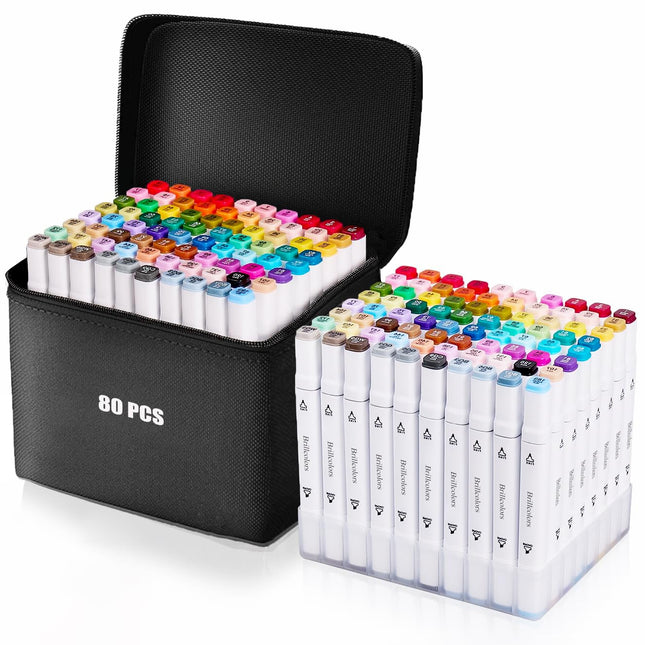 BRILL 80 Colors Alcohol Markers Set with Base Dual Tip Drawing Markers for Coloring Sketching Illustration 80 White