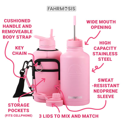 FAHRMOSIS 64oz Insulated Stainless Steel Water Bottle with 3 Lids (Straw, Chug and Flip Lid), Pink Solid
