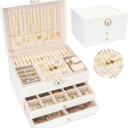 Gkaikpe 3-Tier PU Leather Locking Jewelry Organizer Box with Removable Trays, White