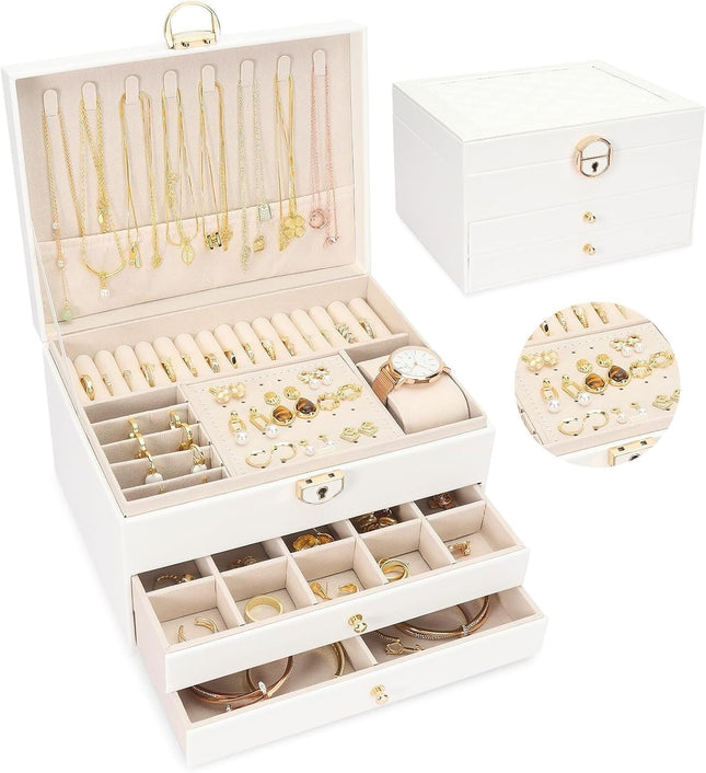Gkaikpe 3-Tier PU Leather Locking Jewelry Organizer Box with Removable Trays, White