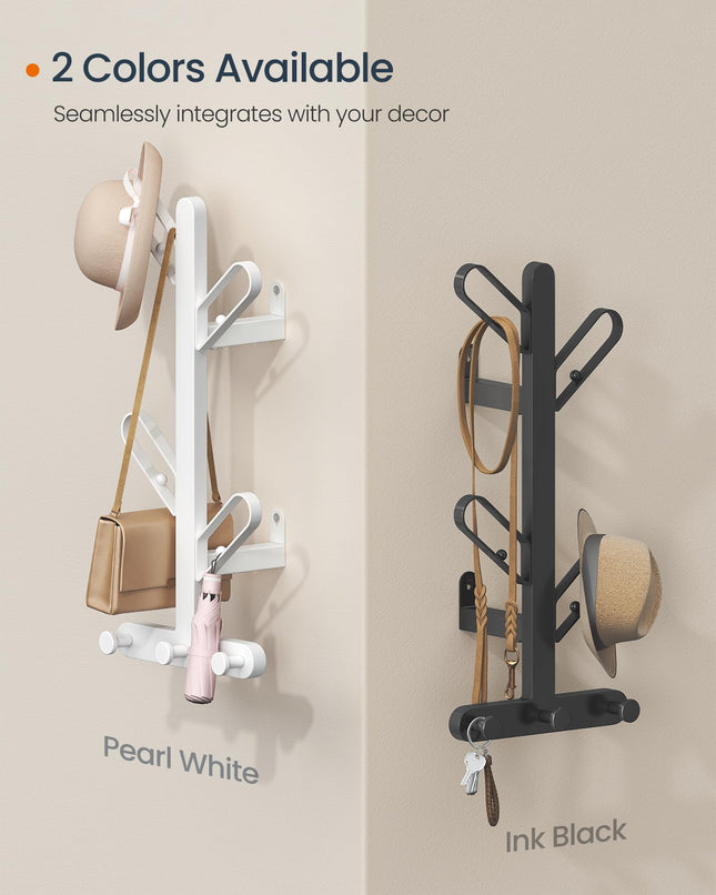 SONGMICS HOME Coat Hook Wall Mount, Wall Hooks, Branch-Look Rack with 7 Hooks, Ball Tips, for Clothes, Hats, Bags, Ink Black URCR035B01