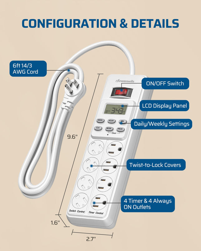 DEWENWILS 8 Outlet Power Strip with Timer (4 Timed/4 Always On), Indoor Digital Timer Outlet, 6ft Flat Plug Cord, 15A, HPST16D