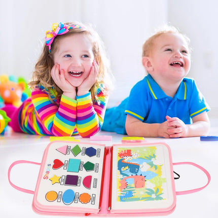 TUNJILOOL Montessori Busy Board - 8-in-1 Sensory Activity Book with Detachable Pages, Travel-Friendly Learning Toy for Fine Motor Skills & Preschool Education PINK