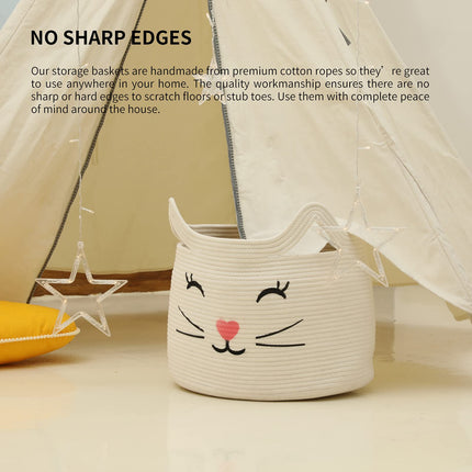 ZLG Cat Face Cotton Rope Gift Wicker Basket Hamper wicker for Toys Towels (white)
