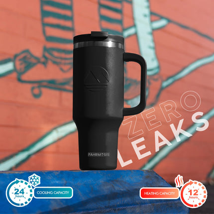 FAHRMOSIS 40oz insulated Hot n Cold Stainless Steel Tumbler with Handle and Straw, BLACK