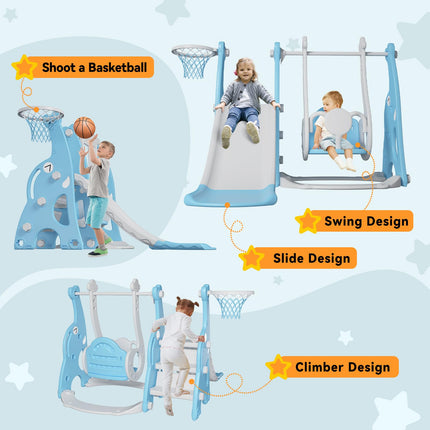 EAQ 4-in-1 Slide and Swing Set with Climber and Basketball Hoop,Play Climber Slides Playset for Indoor & Backyard ，Gifts for Toddlers(Blue)