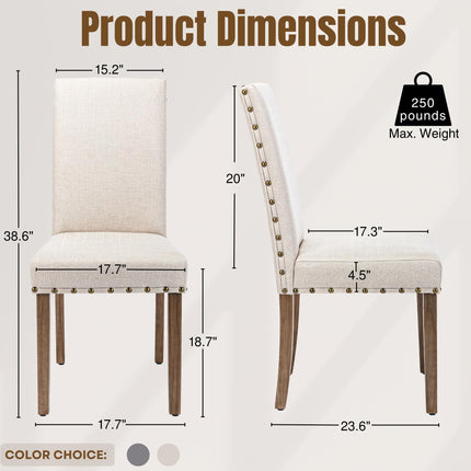 Upholstered Fabric Dining Chair Diner Kitchen Parsons Modern Stylish High Back with Bronze Nailhead Trim, Set of 2, Oat Beige