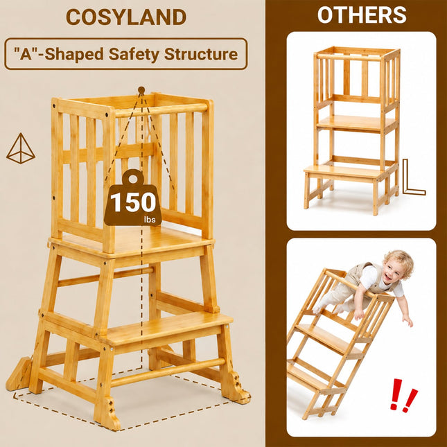 COSYLAND Baby and Toddler Step Stool Kitchen Nursery Helper Stand with Safety Rail in Natural Bamboo, Strong and Lightweight Toddler Kitchen Stool Helper - Natural