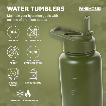 FAHRMOSIS 24oz Insulated Stainless Steel Water Bottle with Straw Includes 3 Lids, ARMY GREEN