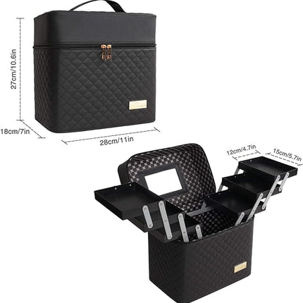 Cosmetic Bag with Mirror for Travel Vanity,Large Makeup Organizer Bag with 6 Compartments 3 Layer Drawers,Toiletry Bag for Women Men (Black)