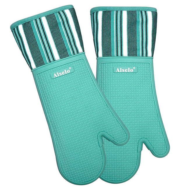 Alselo Heat Resistant 550 Degree Extra Long Silicone Oven Mitts, Teal