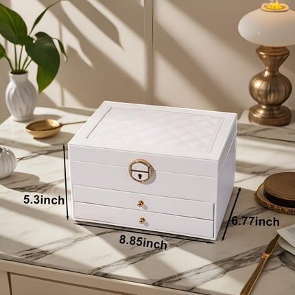 Gkaikpe 3-Tier PU Leather Locking Jewelry Organizer Box with Removable Trays, White