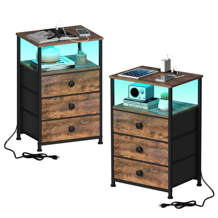 GiftGo Nightstand with Charging Station Led Light and 3 Fabric Drawers- #C1