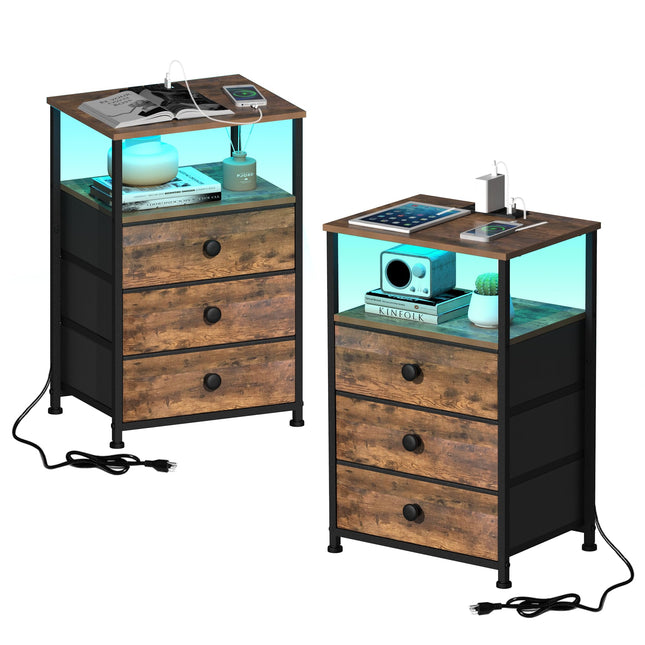 GiftGo Nightstand with Charging Station Led Light and 3 Fabric Drawers- #C1
