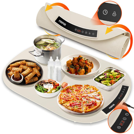 PONPUR Food Warming Mat with 7 Adjustable Temperature, Food Warmer Mat, Electric Heating Tray for Buffet, 1 2 4 H Timing Function, Roll Up Hot Mat for Countertop, Parties, Family Meals