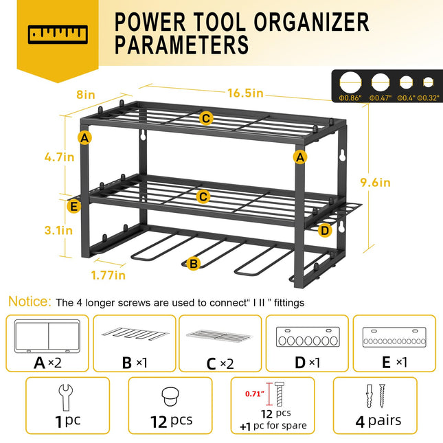 SPACECARE Heavy Duty 3 Layers Wall Mounted Storage Rack With 4 Holders for Cordless Drills Power Tool Organizer