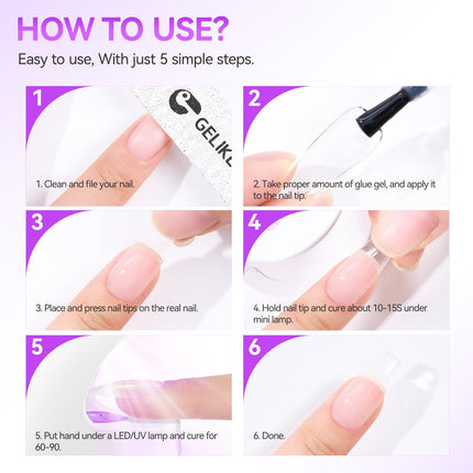 Gelike EC Nude Pink Nail Glue Gel - 6 in 1 Sheer Pastel Pink Nail Glue Polish for Clear Acrylic French Manicure,Long Lasting Adhesive UV Nail Glue for Clear Press On Nail Tips,Cure Needed