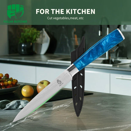 FULLHI 5" Japanese Utility Paring Stainless Steel Knife with Sheath Guard, Blue Resin