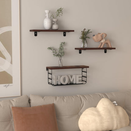 Lavezee Floating Shelves for Wall Decor, Bathroom Shelf Over Toilet Paper Storage with Wire Basket Shelving Set of 3, Rustic Brown
