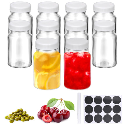 TranRantic 10 Pack 2oz Wide Mouth Glass Shot Bottles with Lids, White