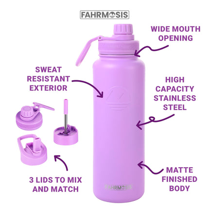 FAHRMOSIS 24oz Insulated Stainless Steel Water Bottle with Straw Includes 3 Lids, LAVENDER