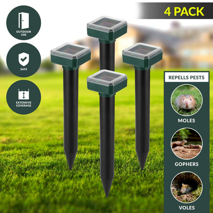 Mole Repellent Ultrasonic, 4 Pack Outdoor Rodent and Groundhog Repellent for Yard, Gopher, Vole, Groundhog, and Chipmunk Deterrent, Solar Snake Ultrasonic