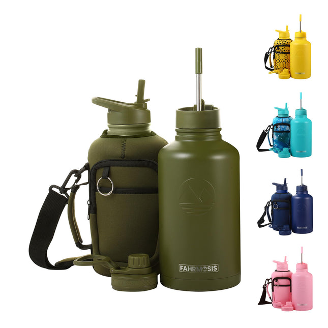 FAHRMOSIS 64oz Insulated Stainless Steel Water Bottle with Strap 3 Lids (Straw, Chug and Flip Lid), ARMY GREEN