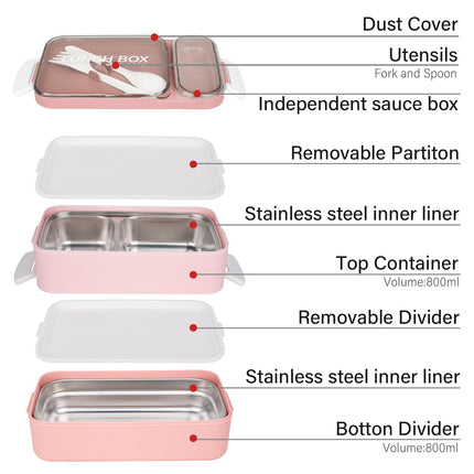 LetsLife 1600ml Bento Box for Adult Kids, Double-Layer Large Lunch Containers with Stainless Steel Inner, Built-in Cutlery and Sauce Pot, Leakproof Food Storage Container Set, Microwavable