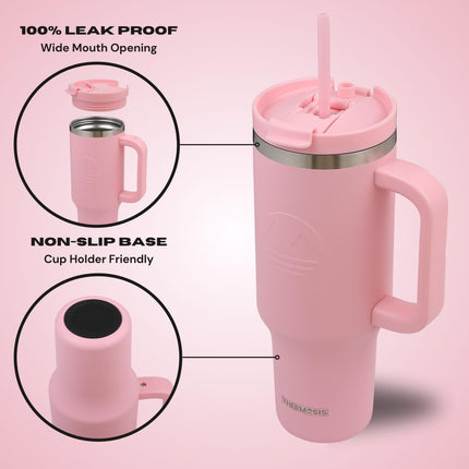 Thermosis 40oz Leakproof Stainless Steel Tumbler with Handle & Straw Insulated, PINK