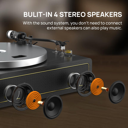 All-in-one Record Player Turntable with Built-in Speakers Vinyl Record Player Support Wireless Playback Auto Stop 33&45 RPM Speed RCA Line Out AUX in Belt-Drive Turntable for Vinyl Records Black