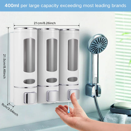 3Pcs 400ml Shower Soap Dispenser Wall Mounted Shampoo and Conditioner Dispenser Adhesive Handwashing Fluid 3 Separating Chamber Manual Shower Soap for Bathroom Hotel