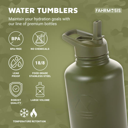 FAHRMOSIS 64oz Insulated Stainless Steel Water Bottle with Strap 3 Lids (Straw, Chug and Flip Lid), ARMY GREEN