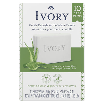 Ivory Bar Soap Notes of Aloe, 900 g Total (10 Count of 90 g Each)