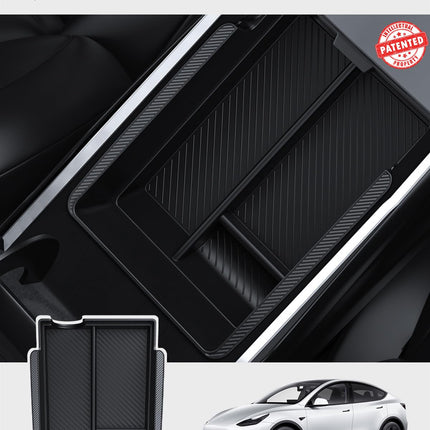 BASENOR Upgraded Tesla Model Y Model 3 Armrest Console Organizer (Carbon Edition) Armrest Storage Box Compatible with Tesla Model Y 2021-2024 Tesla Model 3 2021-2023 Interior Accessories
