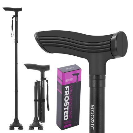 MOODIC Walking Canes for Seniors Balance with Extended and Thickened Handle. Foldable; Adjustable; Collapsible; Stylish; Quad Cane for Men for Stability (Basic & Black)