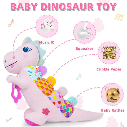Baby Sensory Dino Musical Stuffed Animal Toys for 0-3-6-9-12 Months，Infant Dinosaur Tummy Time Toys with Crinkle Sound Paper，Teether，Textures & Rattles for Newborn Boys Girls Birthday Gifts，Pink