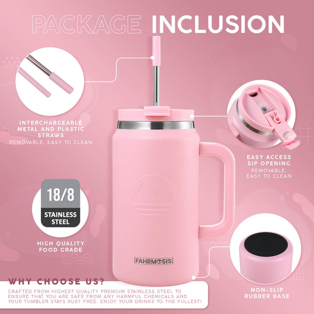 FAHRMOSIS 50 Oz Tumbler with Handle and Straw Large Insulated Tumbler Stainless Steel Travel Mug for Hot & Cold Drinks, Reusable Water Bottle with Lids and Straw - Pink