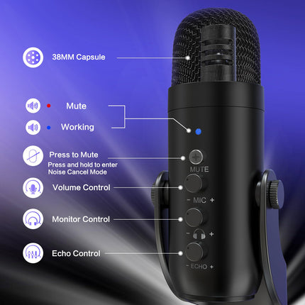 ZealSound USB Microphone,Condenser Phone Computer PC Mic kit,Plug&Play Gaming Microphones for PS 4&5.Mic Gain&Volume Control,Echo &Mute Button for Vocal,Record,Streaming,Discord YouTube Podcast on Mac