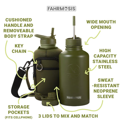 FAHRMOSIS 64oz Insulated Stainless Steel Water Bottle with Strap 3 Lids (Straw, Chug and Flip Lid), ARMY GREEN