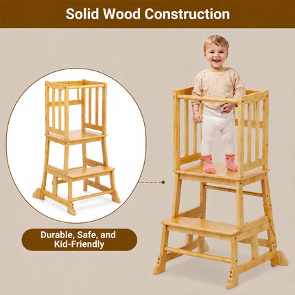 COSYLAND Baby and Toddler Step Stool Kitchen Nursery Helper Stand with Safety Rail in Natural Bamboo, Strong and Lightweight Toddler Kitchen Stool Helper - Natural